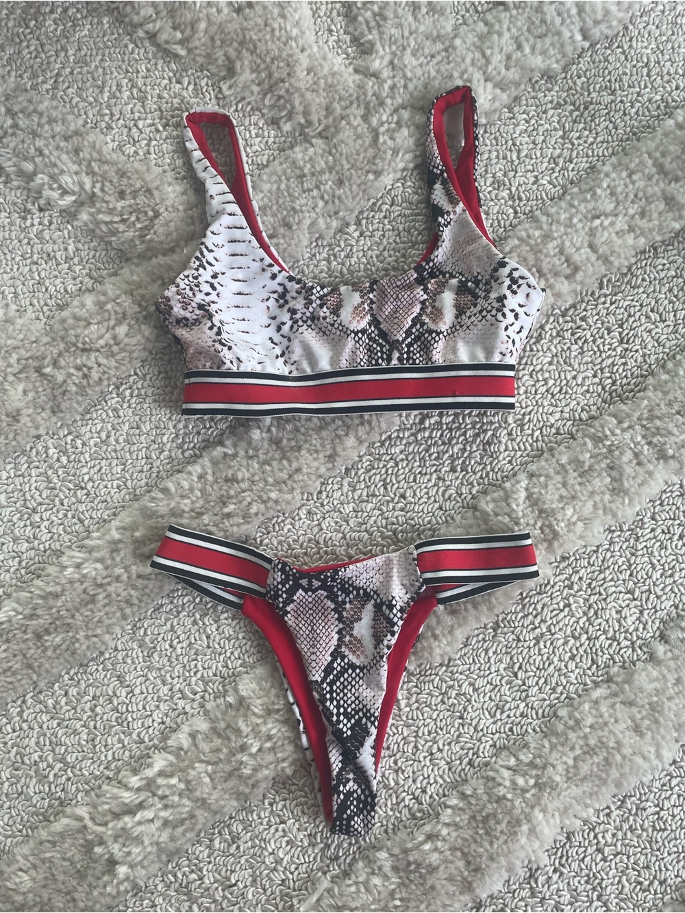 Snake-Print Bikini Set with Red Trim and Striped Band
